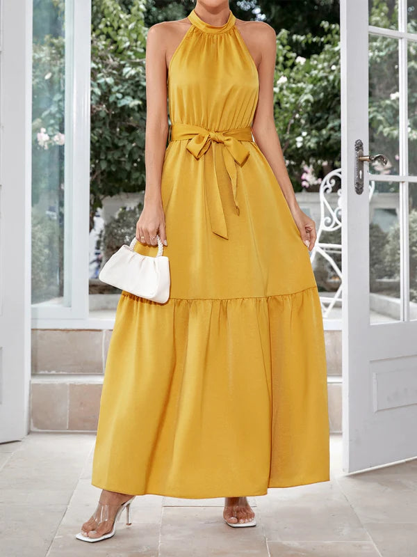 AerbaDress Halter Tiered Maxi Dresses With Belt Wedding Guest Dresses