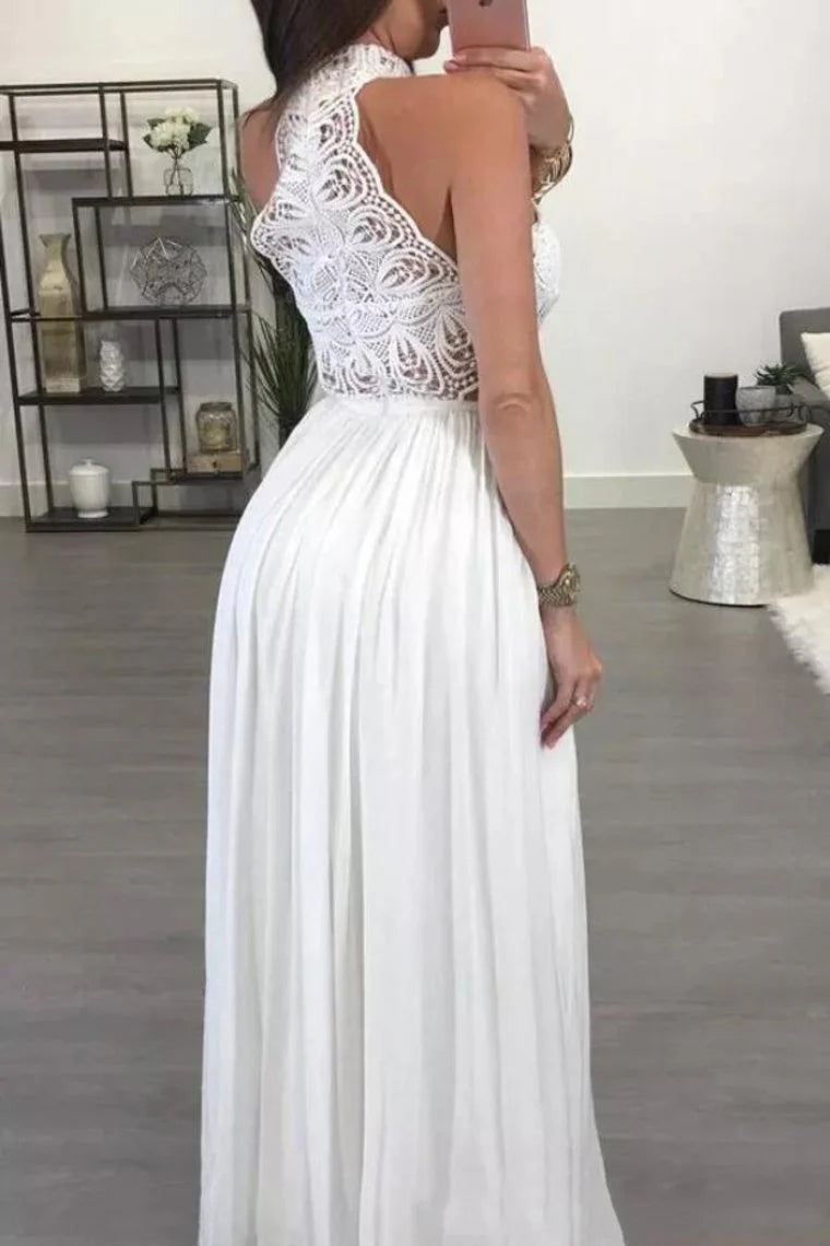 AerbaDress A Line Prom Dresses High Neck Chiffon & Lace Floor Length