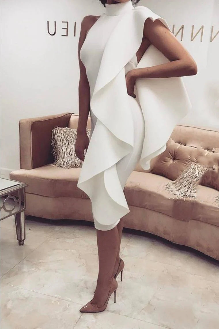 AerbaDress Homecoming Dresses High Neck Sheath Satin Tea Length