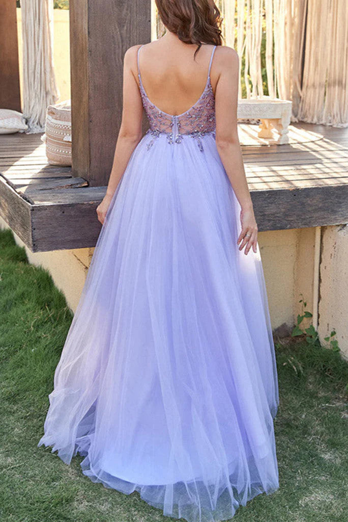 DingJiDress Sexy Spaghetti Straps Tulle V Neck Lavender Long Beaded Sleeveless Prom Dresses