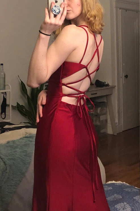 AerbaDress Mermaid Prom Dresses V Neck Cross Back Long Burgundy Satin