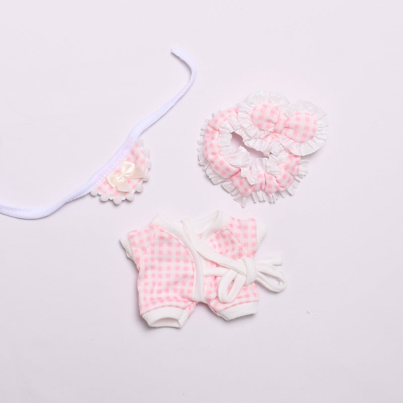 Handmade Labubu set can be paired with Labubu V1 Macaron and V2 seats 15cm pendant canvas clothes checkered pajamas, three piece set keychain vinyl doll baby clothes (excluding dolls)