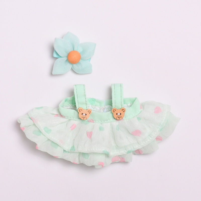 Handmade Labubu set can be paired with Labubu V1 Macaron and V2 seats 17cm canvas pendant clothes teddy bear wooden buckle yarn skirt labubu dressing for cute children (excluding dolls)