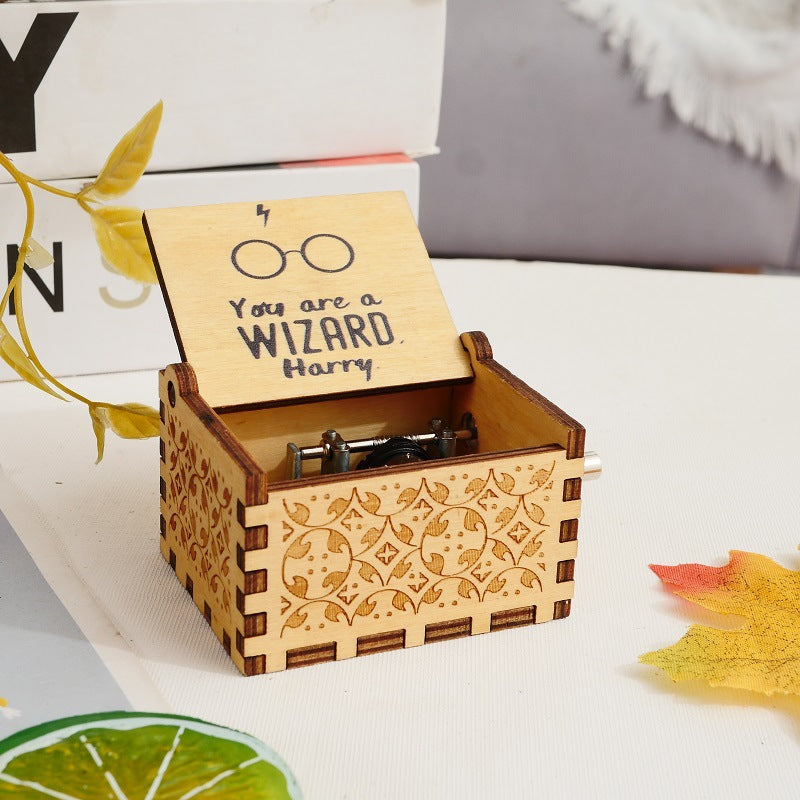 Harry Potter Hand cranked Music Box Crafts Ornament Gift Wooden Carving Colorful Eight tone Box