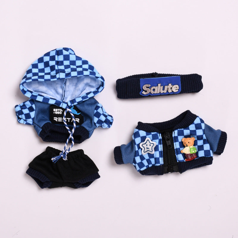 Handmade Labubu set can be paired with Labubu V1 Macaron and V2 seats 17cm Labubu pendant clothes fashionable blue plaid hoodie set ragcloth casual dressing clothes (excluding dolls)