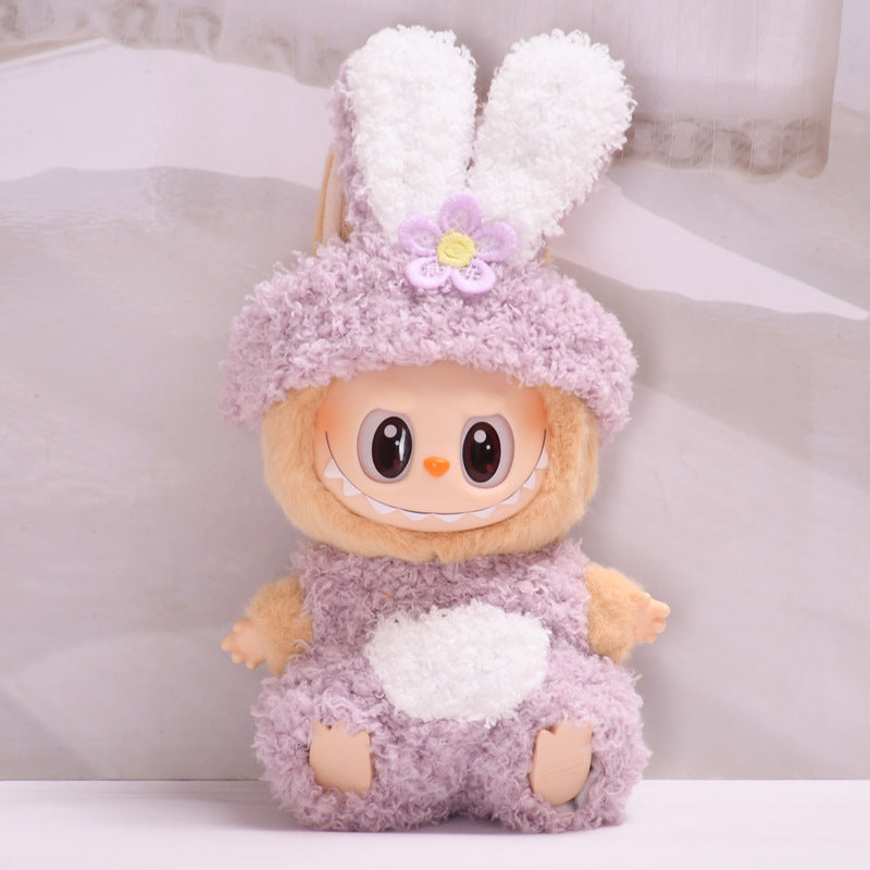 Handmade Labubu set can be paired with Labubu V1 Macaron and V2 seats with purple rabbit ear headband and two-piece set of Labubu doll clothing (excluding dolls)