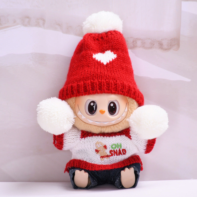 Handmade Labubu set can be paired with Labubu V1 Macaron and V2 seats including a red round ball woolen hat a red gingerbread sweater jeans and a Labubu doll outfit (excluding dolls)
