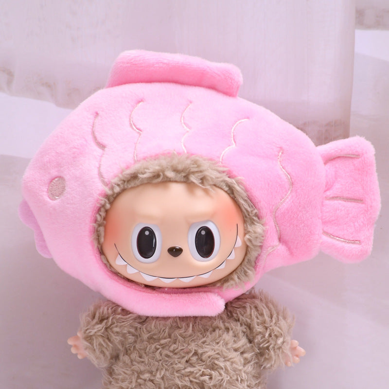 Handmade Labubu set can be paired with Labubu V1 Macaron and V2 seat 17cm pendant canvas clothing accessories pink goldfish head cover keychain Labubu cute hat (excluding dolls)
