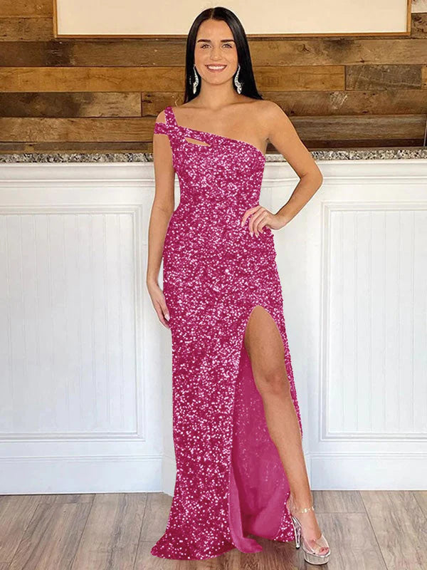AerbaDress Sheath One Shoulder Sleeveless Long Sweep Train Velvet Sequin Prom Dress