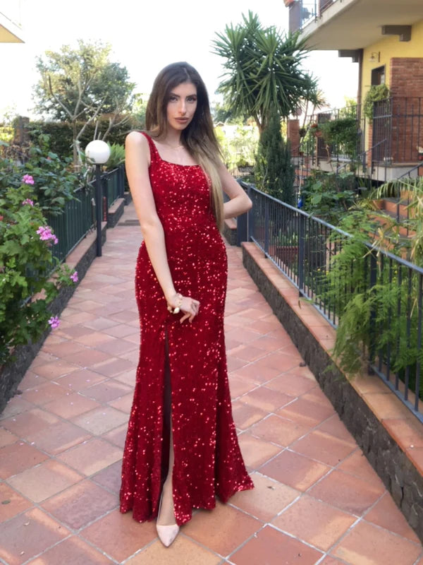 AerbaDress Sexy Fitted Square Sleeveless Long Floor Length Velvet Sequin Prom Dress