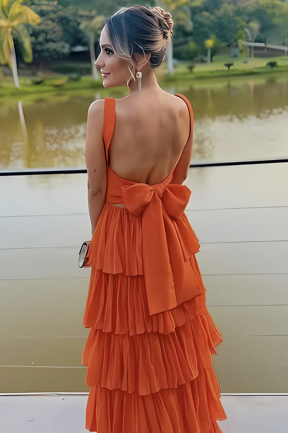 Romantic A Line Square Neck Ruffle Orange Floor-Length Prom Dress