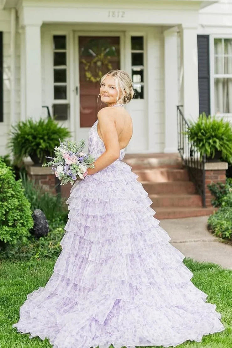 Romantic Halter Ruffled Lavender Floor-Length Prom Dress