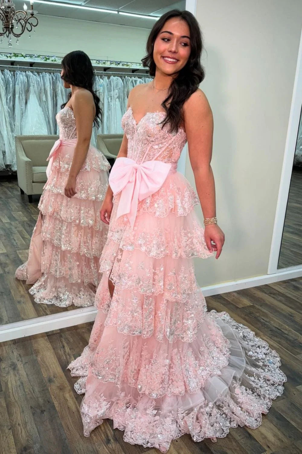 Romantic Sweetheart Strapless Lace Pink Floor-Length Prom Dress