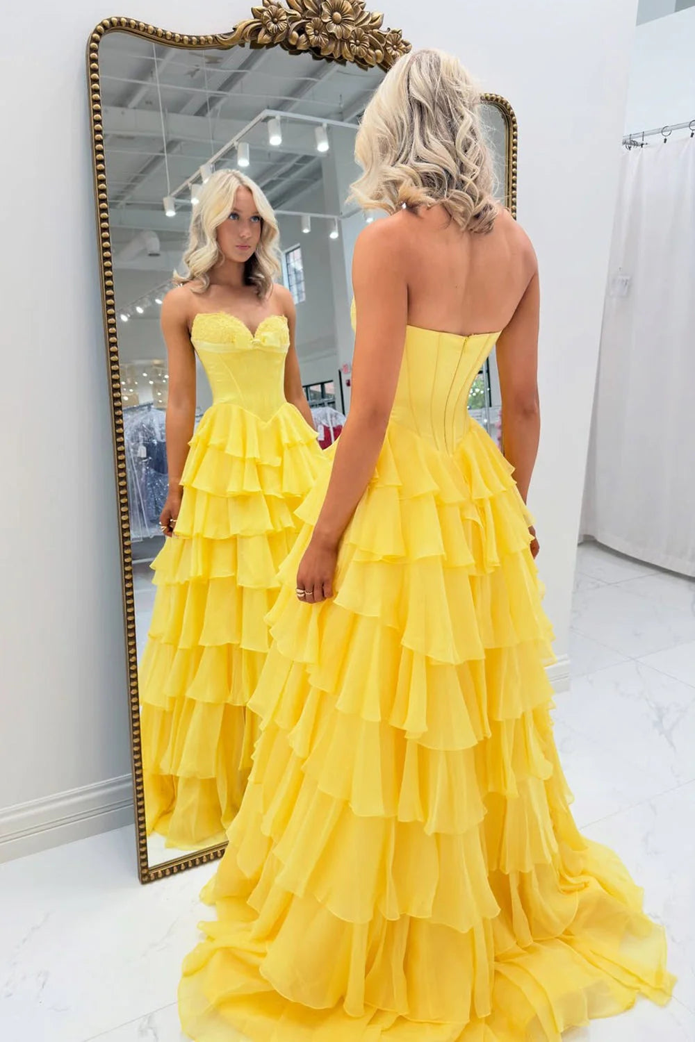 Romantic Sweetheart Strapless Ruffled Yellow Floor-Length Prom Dress