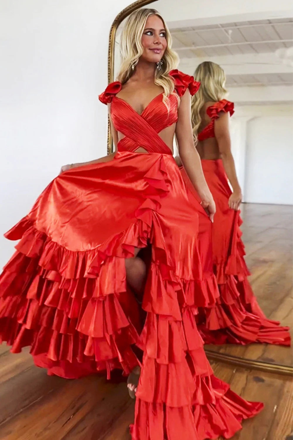 Romantic V Neck Sleeveless Ruffled Red Floor-Length Prom Dress