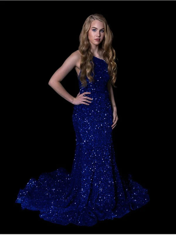 AerbaDress Mermaid Chapel Train One Shoulder Sequin Prom Dresses