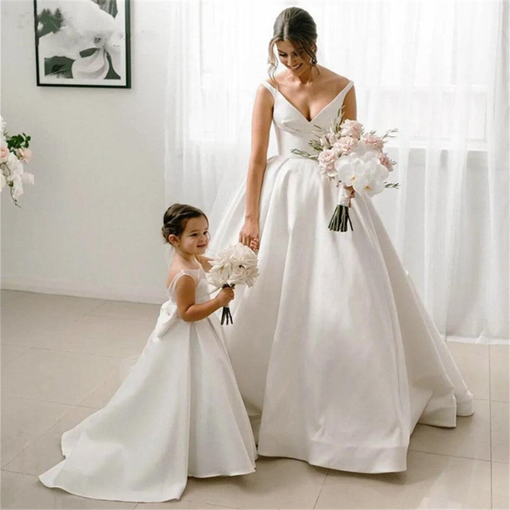 AERBA DRESS Wedding Flower Girl Dress Simple Child Satin A-line Tulle Bow Long Bridesmaid Pageant Robe First Communion Gown