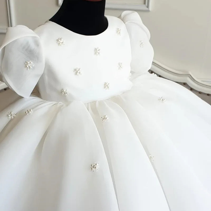 Wedding Flower Girl Dress New Year-Old Baby Round Neck Ruched First christening Dress Sweet Princess Dress