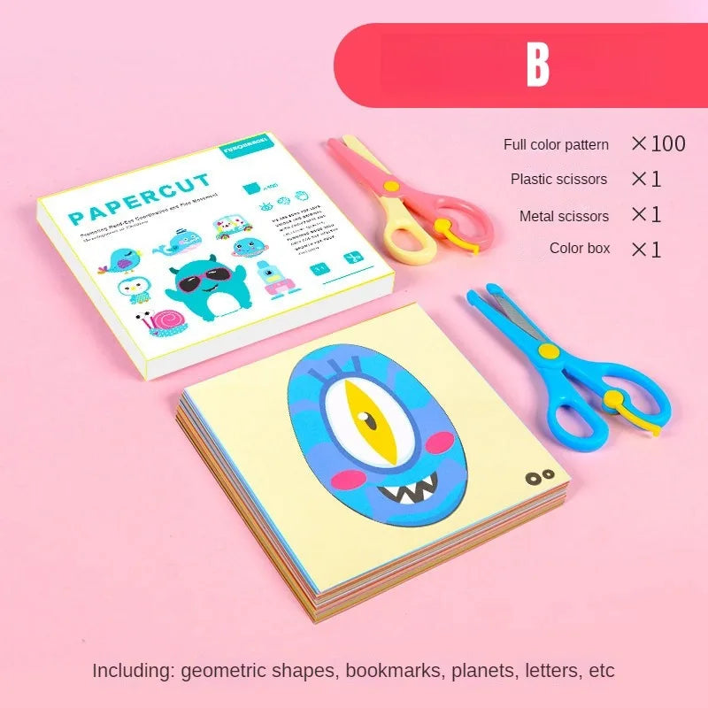 Aerba Children's Toys 100pcs Kids Cartoon Colorful Paper Cutting Toy Children DIY Handmade Origami Art Craft Set Baby Puzzle Learning Educational Toys