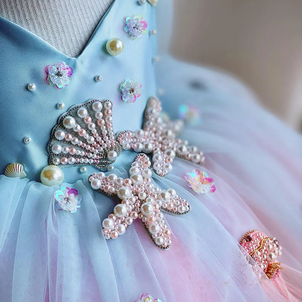 AERBA DRESS Wedding Flower Girl Dress Beaded Pearls Ocean Princess Kids Birthday Party Baby First Communion Ball Gowns