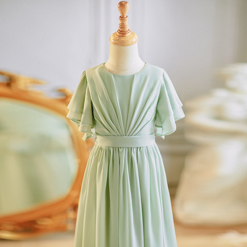 Girls' Formal Dress Elegant A Line Round Neck Flowy Sleeves Girls Chiffon Pleated Prom Birthday Dress Hot Sale Junior Bridesmaid Dress