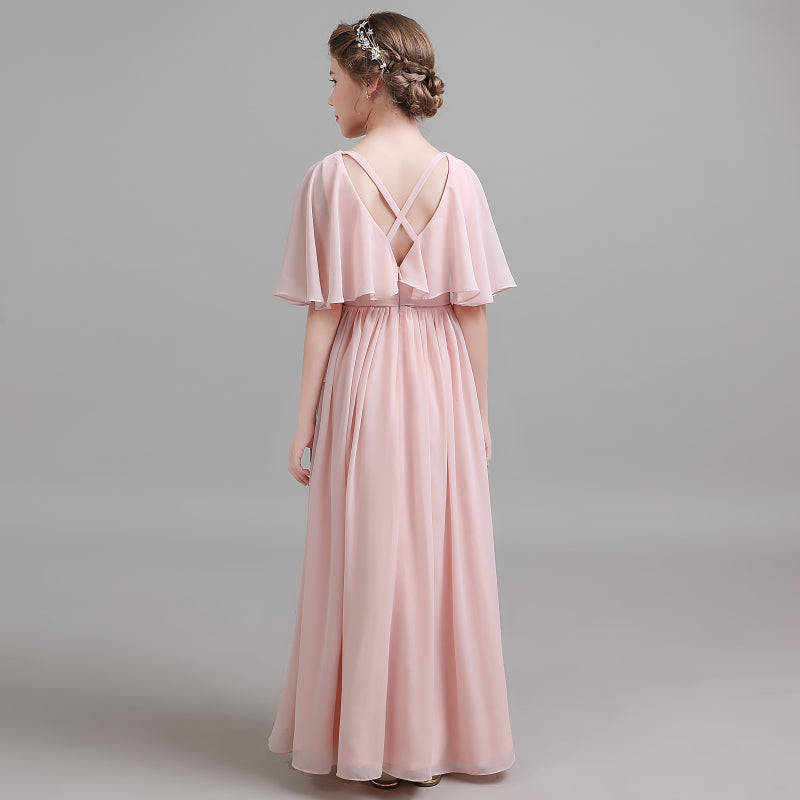 Girls' Formal Dress Elegant A Line Flowy Sleeves Girls Pleated Backless Floor Length Chiffon Birthday Dress Hot Sale Junior Bridesmaid Dress