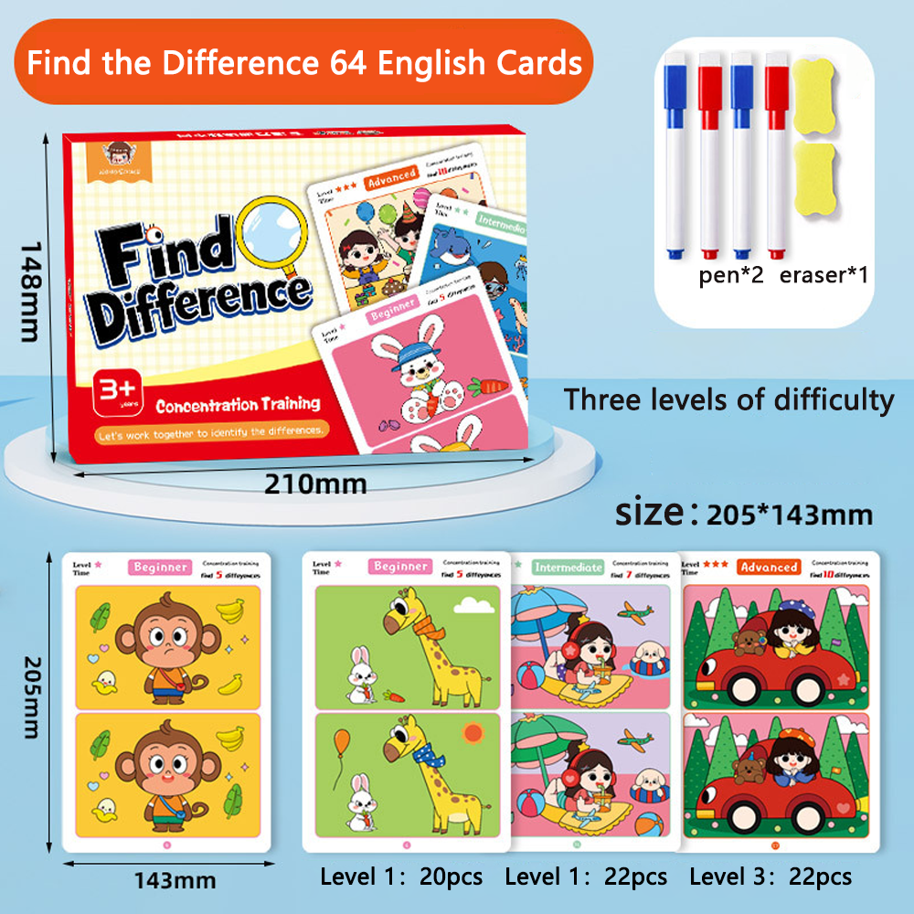 AERBA HOT SALE 64PCS Find Differences Card Game for Children Reusable Wiping Paper 3 Difficulty Levels Cartoon Educational Puzzle for Kids