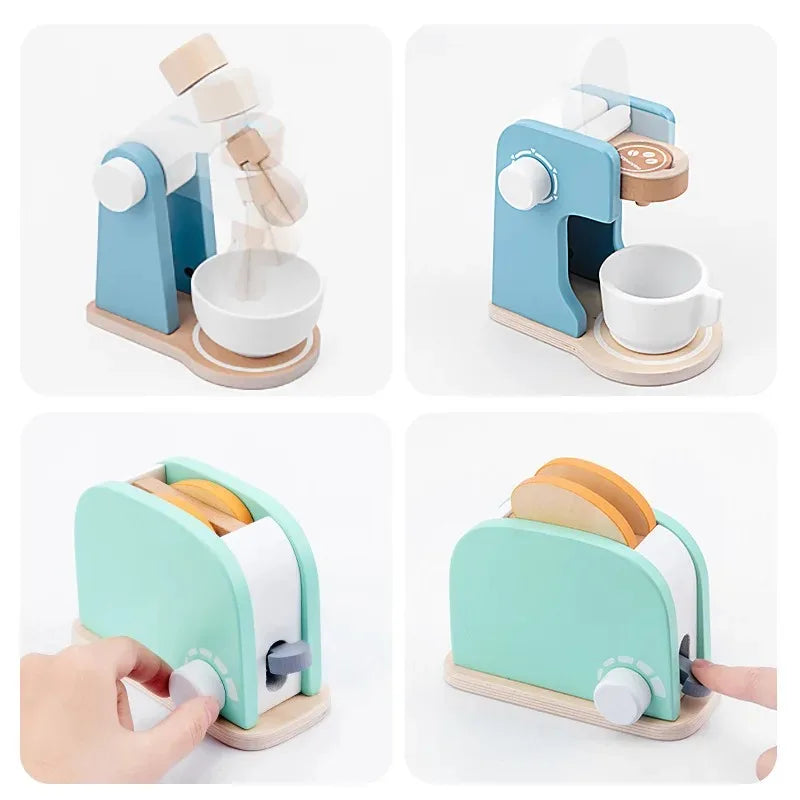 Aerba Children's Toys DIY Wooden Toy Pretend Play Simulation Kitchen Coffee Machine Cooking Food Model Set Educational For Kids Girls