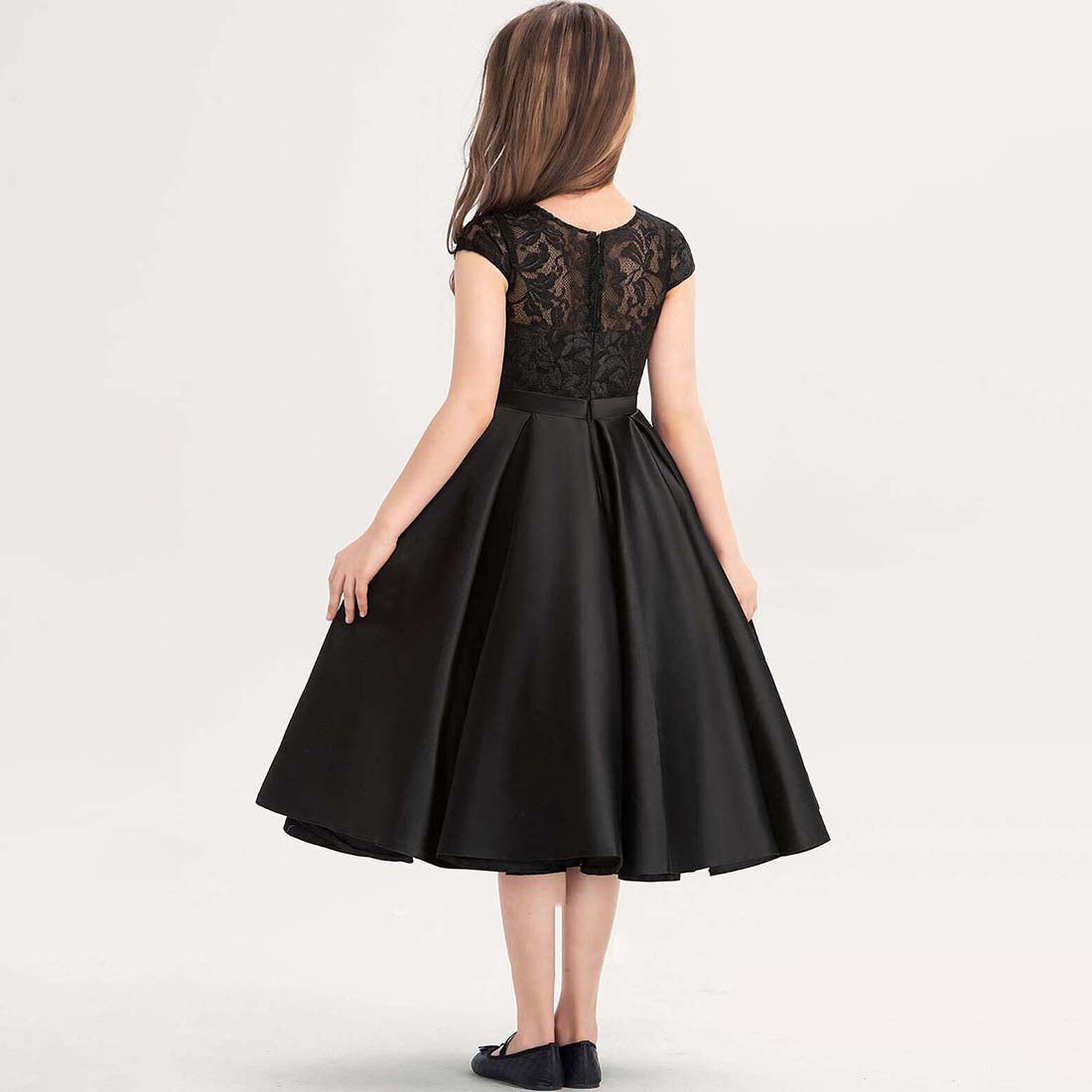 Girls' Formal Dress Dignified A-line Scoop Lace Satin Wedding Girl Guest Dress Hot Sale Junior Bridesmaid Dress
