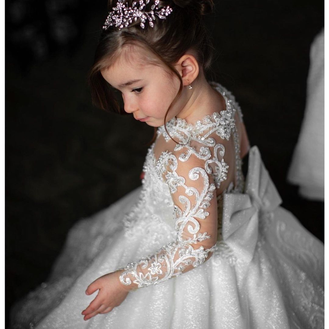 AERBA DRESS Wedding Flower Girl Dress Glitter Sparkly Lovely Bow Bead Floral Appqulies Princess Holy Fisrst Communion Ball Gown