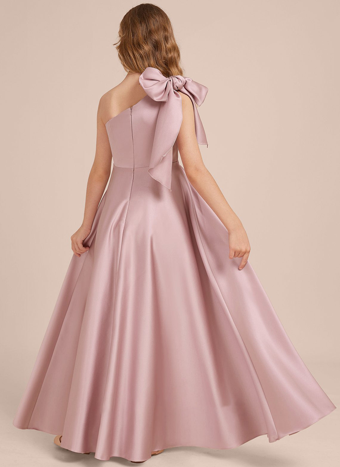 Girls' Formal Dress Exquisite A Line One-shoulder Bow Long Dress Wedding Guest Dress Hot Sale Junior Bridesmaid Dress