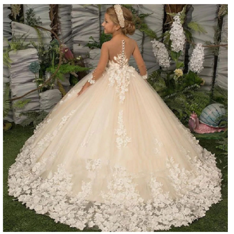 AERBA DRESS Wedding Flower Girl Dress Elegance Three Quartersleeve Applique Children Wedding Party Gowns New Kids Clothes Princess First Communion