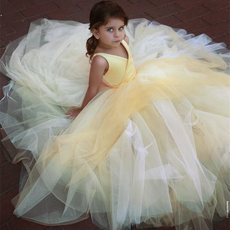 Wedding Flower Girl Dress V Neck Pleats Ball Gown Floor Length Modest Dresses Pageant Party Gift Birthday Princess Dress