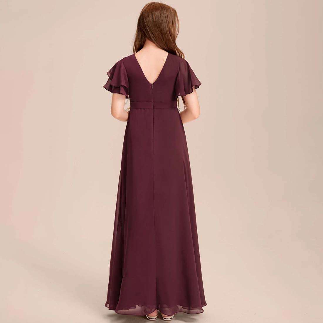 Girls' Formal Dress Charming A-Line Scoop Flowy Sleeve Chiffon With Cascading Ruffles Floor-Length Hot Sale Junior Bridesmaid Dress