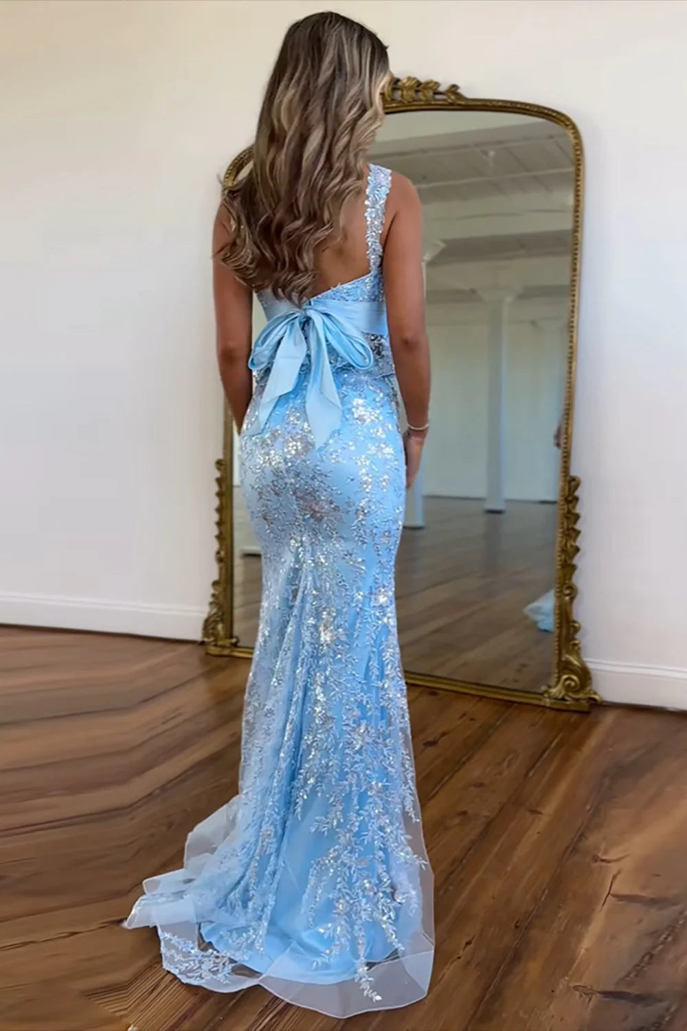 Stunning Mermaid Spaghetti Strap Sequin Light Blue Prom Dress
