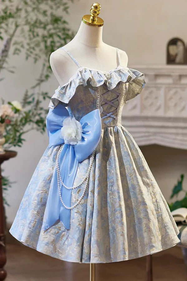 Sweet A-Line Off-the-Shoulder Bow-Adorned Light Blue Jacquard Homecoming Dresses