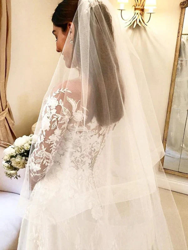Illusion Crew Neckline Long Sleeve Applique A Line Wedding Dresses