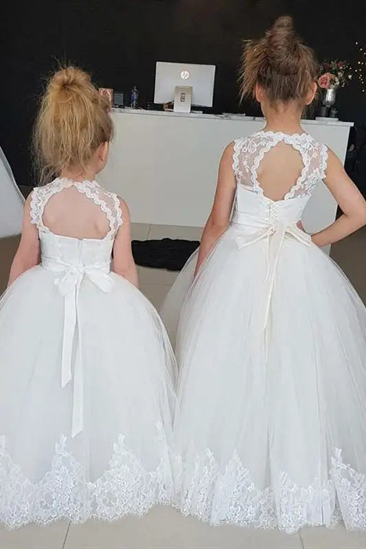 Wedding Flower Girl Dress A Line Cute White Lace Appliques Keyhole Back Beaded belt Girl Communion Formal Dress Princess Dress