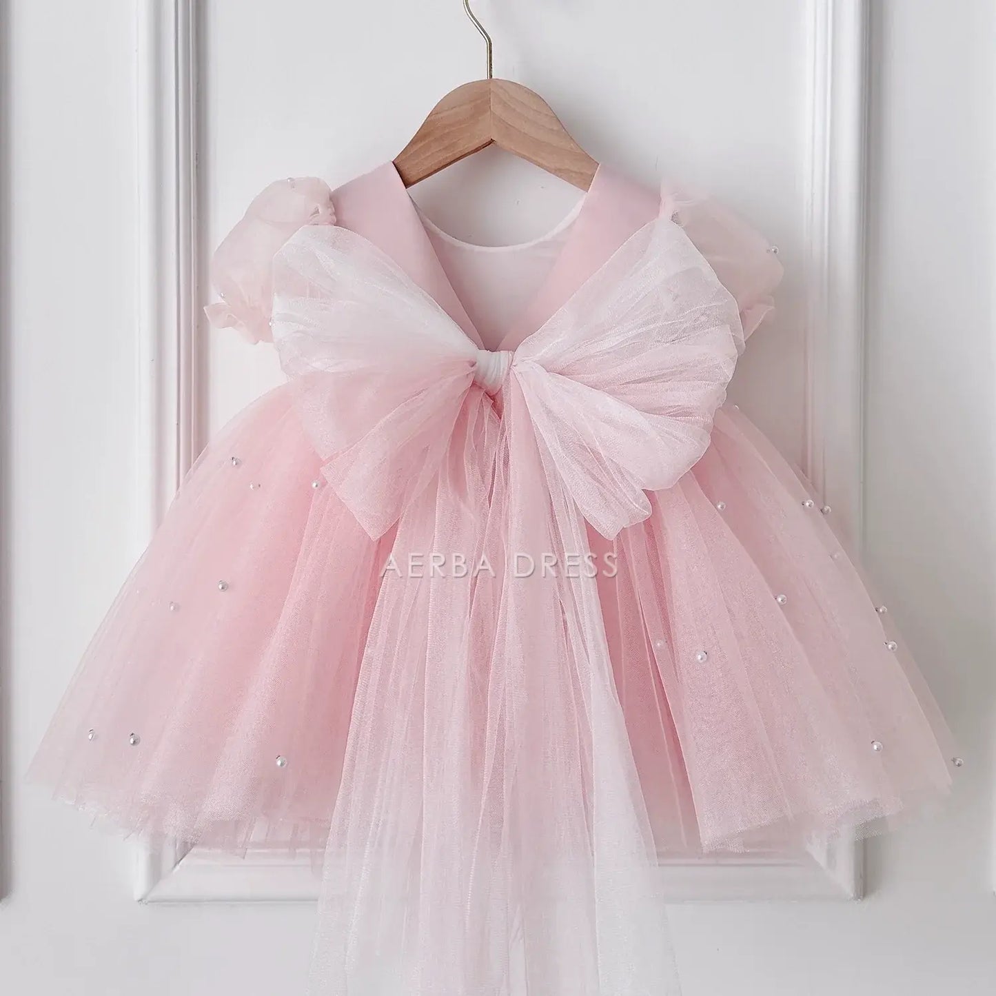 Wedding Flower Girl Dress A Line Round Neck Beadwork Back Bow Baby Girl One-Year-Old Birthday Party Dress Cute Princess Dress