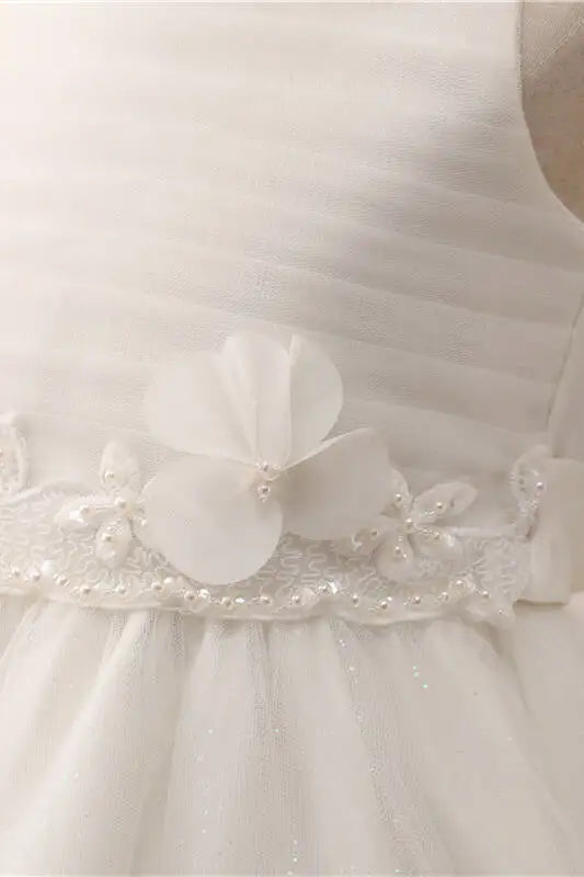Wedding Flower Girl Dress A Line Round Neck Sleeveless Lace Applique Adorable 3D Flowers Pearl with Bow Girl Communion Formal Dress Princess Dress