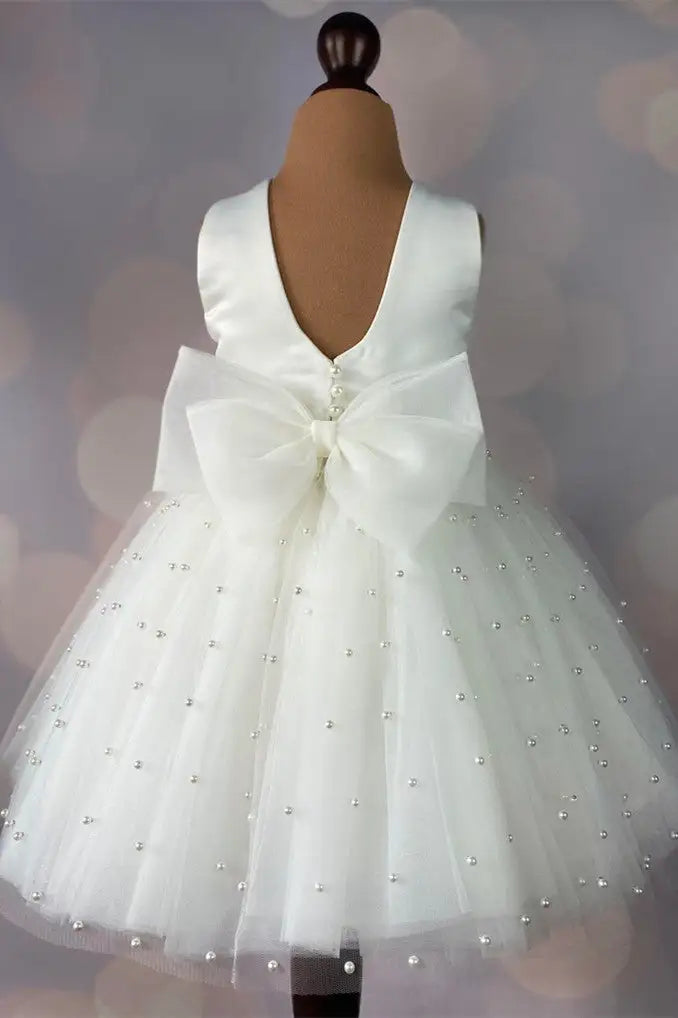 Wedding Flower Girl Dress A Line Round Neck Sleeveless V-Back Bow Beaded Cute Girl Communion Formal Dress Princess Dress