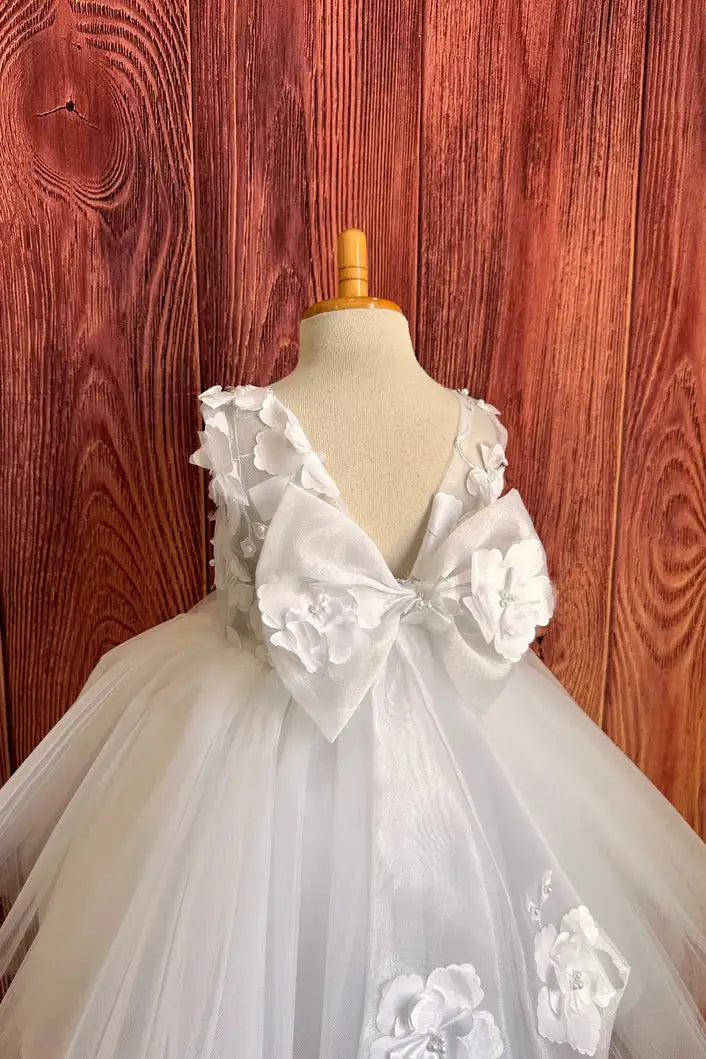 Wedding Flower Girl Dress Cute A-Line Round Neck Sleeveless V-Back with 3D Flowers Exquisite Girl Communion Formal Dress Princess Dress