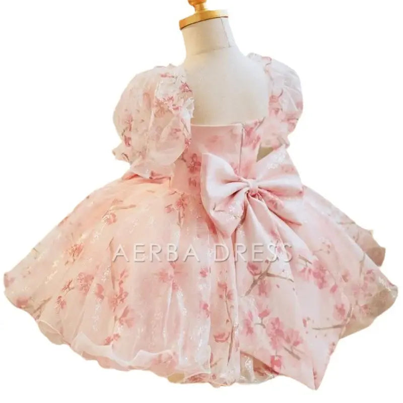 Wedding Flower Girl Dress Elegant A Line Sweetheart Short sleeve Flower Dress Bow Girl Formal Dress One-Year-Old Birthday Party Dress Cute Girl Princess Dress