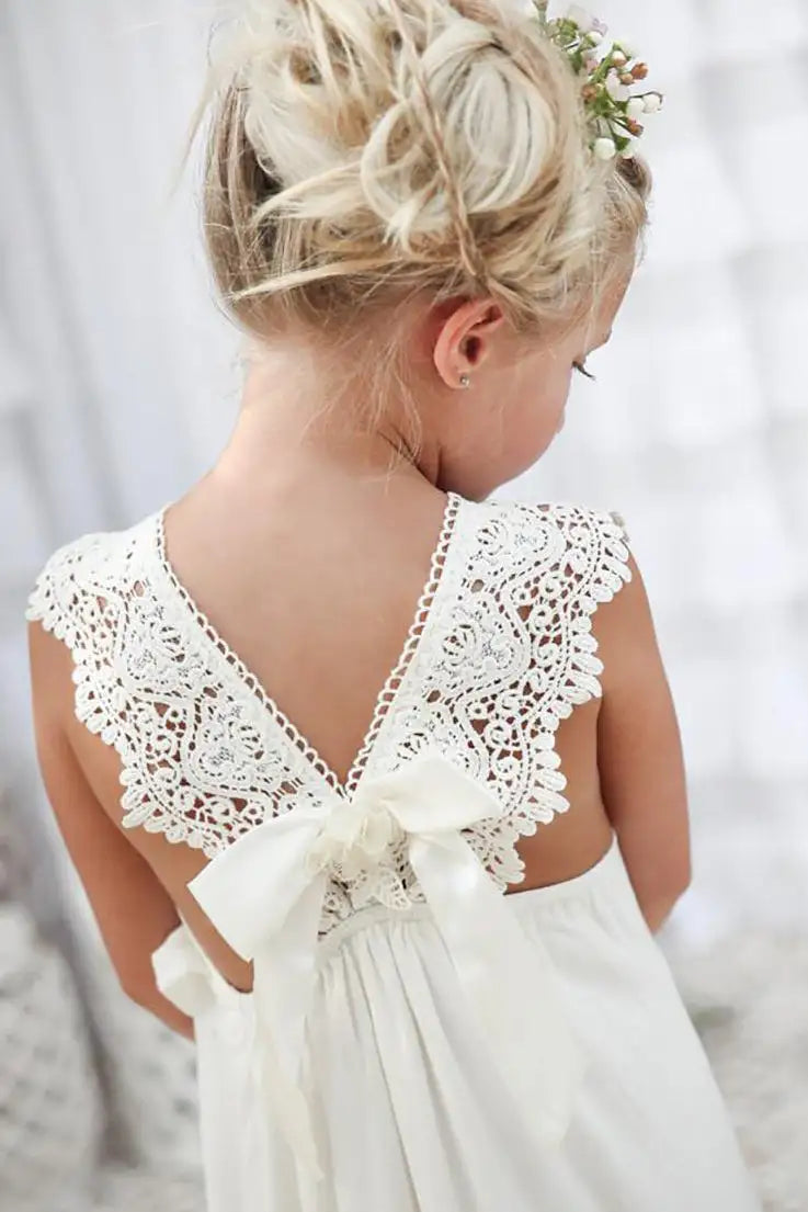 Wedding Flower Girl Dress Lace V Neck Boho Chiffon Ruched Long Girl Communion Formal Dress Princess Dress