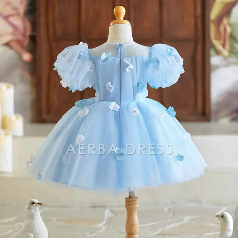 Wedding Flower Girl Dress Elegant Gorgeous A Line Sweetheart Puff Sleeve 3D Flower Beadwork Girl One-Year-Old Birthday Party Dress Cute Girl Princess Dress