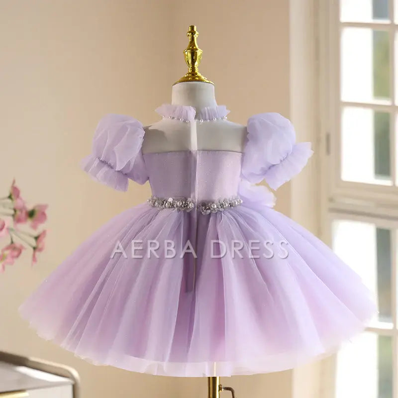 Wedding Flower Girl Dress Gorgeous A Line Puff Sleeve 3D Flower Pleated Beadwork Girl One-Year-Old Birthday Party Dress Cute Girl Princess Dress