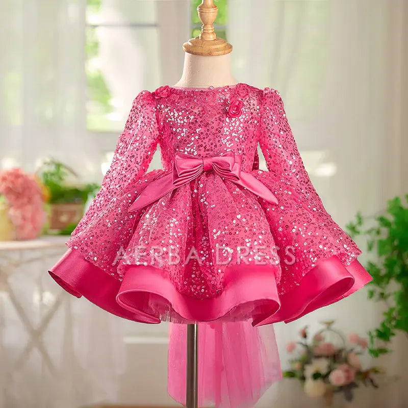 Wedding Flower Girl Dress Sequin A Line Round Neck Long sleeves Tiers Sparkle Girl Communion Formal Dress One-Year-Old Birthday Party Dress Cute Girl Princess Dress