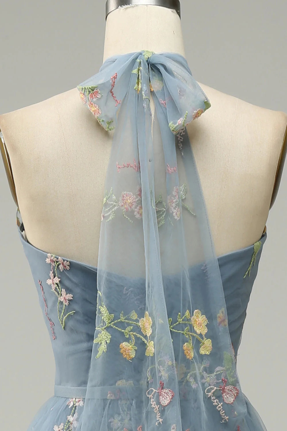 AerbaDress A Line Halter Floor Length Tulle Formal Dress with Embroidery