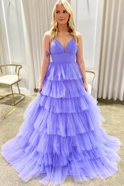 AerbaDress Lilac Evening Dress V Neck Ruffle Tiered Long Prom Dresses