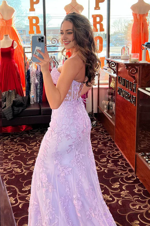 AerbaDress Fashion Lilac Appliques Strapless Mermaid Long Prom Dresses